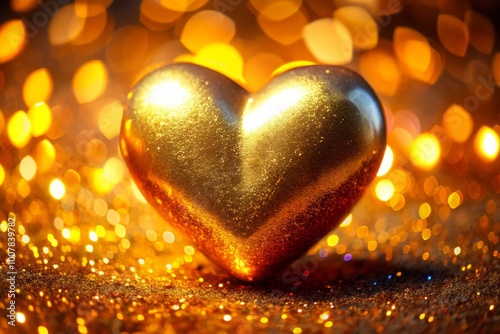 This dazzling golden heart reflects love and kindness, captivating with its shimmering glow, symbolizing the warmth of