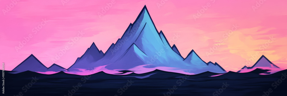A majestic mountain range at sunset, painted in vibrant pink and blue hues. A majestic mountain range at sunset, painted in vibrant pink and blue hues.