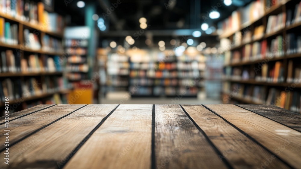 Wooden Table Platform with Blurred Library Background Wooden Table Platform with Blurred Library Background