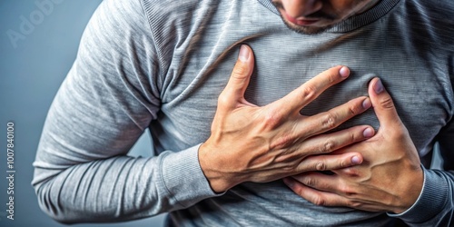 Close-up of a person's hand clutching their chest in pain, suffering, agony, hurt, discomfort, ache, distress, anguish photo