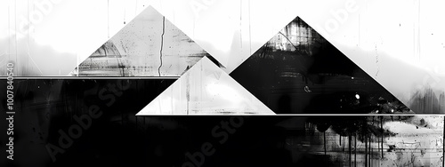 Abstract black and white mountain landscape with geometric shapes, creating a stark yet artistic visual contrast. photo