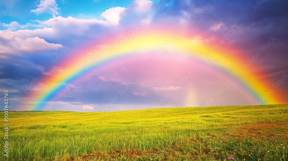 Vibrant Rainbow Over Rain-Kissed Field, a stunning display of color arching across lush greenery, showcasing nature's beauty and the refreshing aftermath of a rain shower. Vibrant Rainbow Over Rain-Kissed Field, a stunning display of color arching across lush greenery, showcasing nature's beauty and the refreshing aftermath of a rain shower.