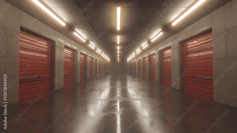 A long corridor lined with red storage unit doors, lit by fluorescent lights. A long corridor lined with red storage unit doors, lit by fluorescent lights.