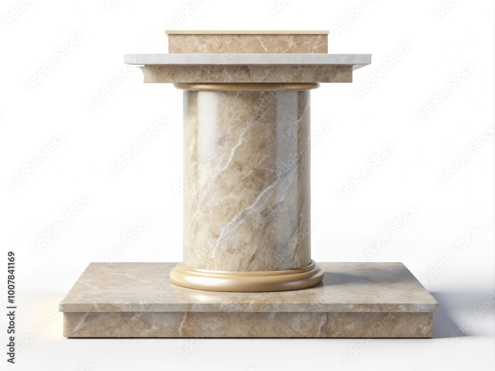 This refined stone podium rests on a pure white surface, designed to elegantly showcase products and enhance This refined stone podium rests on a pure white surface, designed to elegantly showcase products and enhance