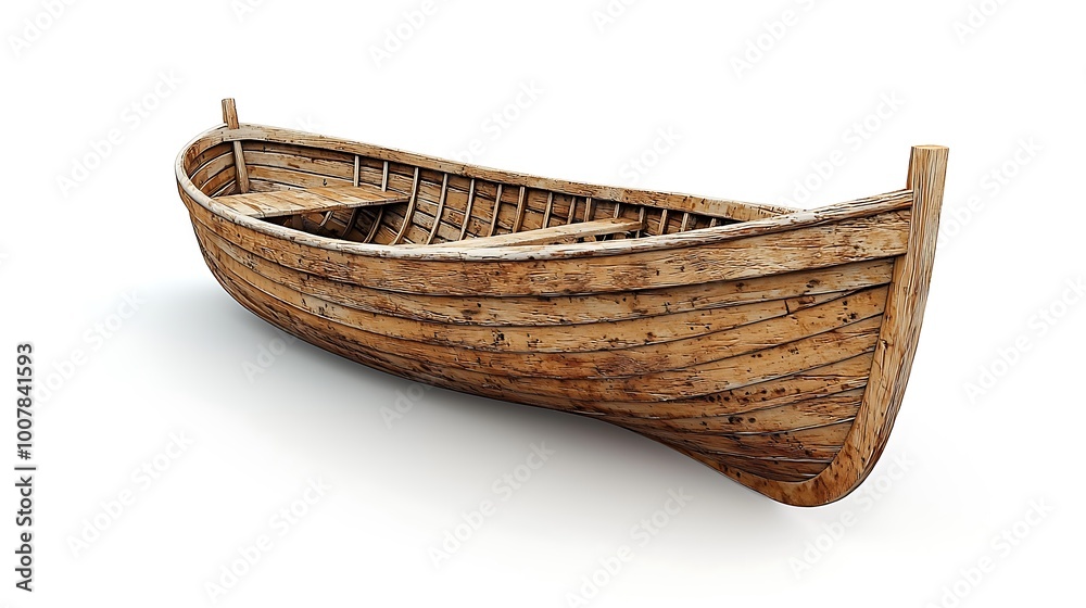 An old wooden rowboat, weathered but full of stories, isolated against a white backdrop. An old wooden rowboat, weathered but full of stories, isolated against a white backdrop.