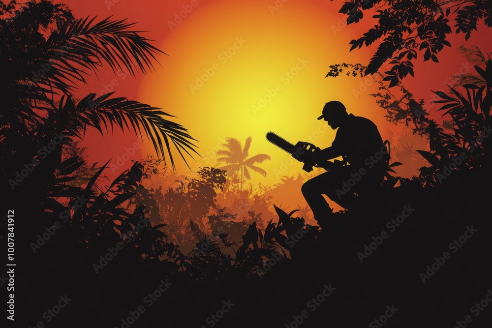 Silhouette of a Man With Chainsaw in the Jungle at Sunset Silhouette of a Man With Chainsaw in the Jungle at Sunset
