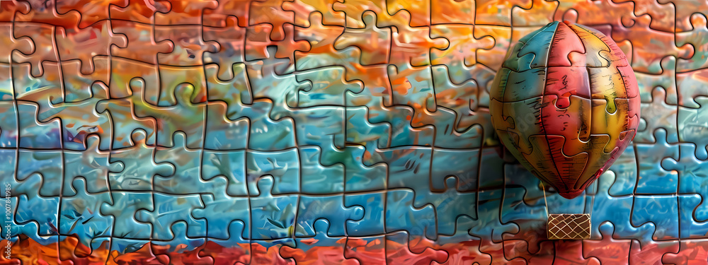 A colorful hot air balloon floating above an artistic puzzle background, showcasing vibrant hues of orange, blue, and yellow. A colorful hot air balloon floating above an artistic puzzle background, showcasing vibrant hues of orange, blue, and yellow.