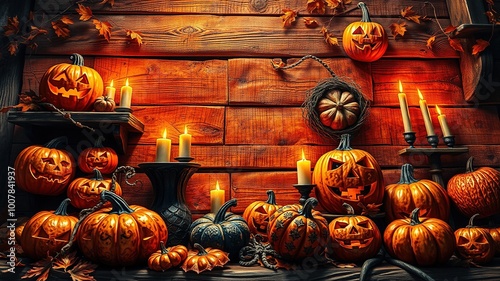 Warm autumnal hues illuminate a rustic wooden wall adorned with an assortment of intricately carved pumpkins, candles, and dried leaves, evoking a sense of cozy Halloween ambiance. photo