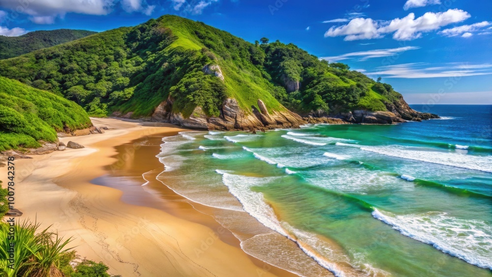 Beautiful sandy beach with crystal clear water and lush green cliffs in Rosa Beach, Santa Catarina Beautiful sandy beach with crystal clear water and lush green cliffs in Rosa Beach, Santa Catarina