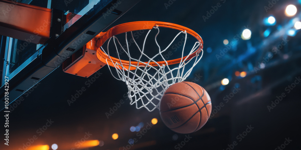 Close-up of a basketball going through a hoop in an indoor court with dramatic lighting. Close-up of a basketball going through a hoop in an indoor court with dramatic lighting.