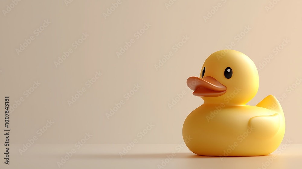 A yellow rubber duck toy set against a soft beige background, evoking minimalist bath time fun. A yellow rubber duck toy set against a soft beige background, evoking minimalist bath time fun.