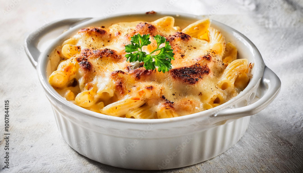 A front view fragrant mac and cheese with white background and spotlight for advertise and presentation A front view fragrant mac and cheese with white background and spotlight for advertise and presentation