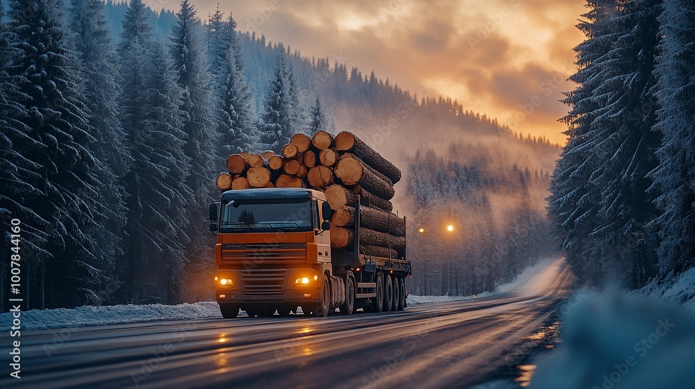 A truck loaded with logs drives on a snowy road through a forest at sunset. A truck loaded with logs drives on a snowy road through a forest at sunset.