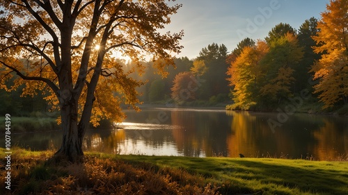 Landscape. Gentle breezes and golden light illuminating a peaceful autumn morning, creating a serene atmosphere. Realistic style.