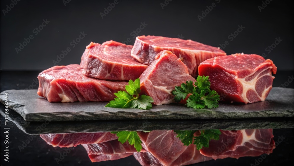 Pieces of raw fresh meat isolated on black stone board mirrored side view, raw, fresh, meat, isolated, black, stone Pieces of raw fresh meat isolated on black stone board mirrored side view, raw, fresh, meat, isolated, black, stone