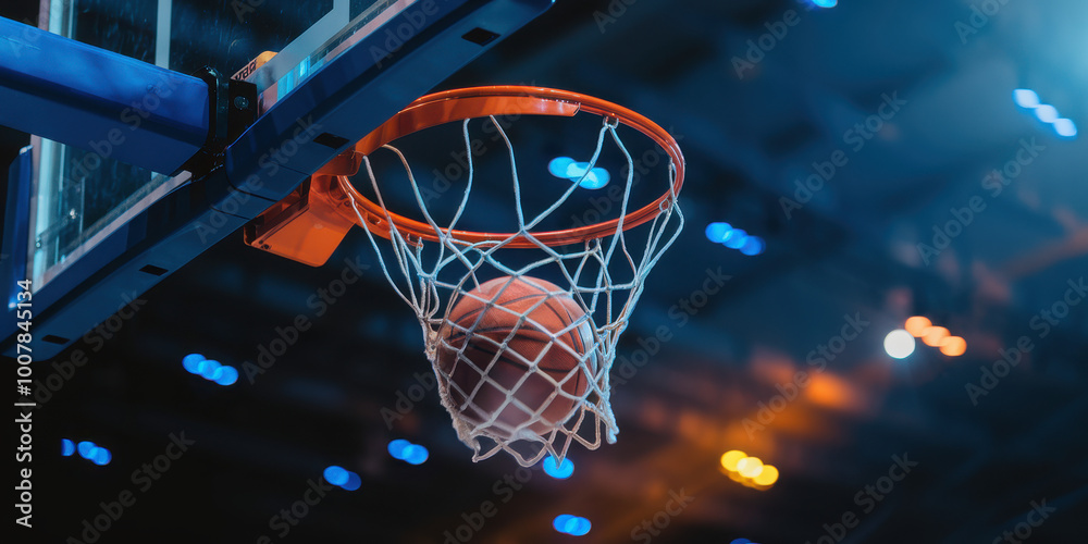 Basketball going through the hoop in an indoor arena under bright lights. Basketball going through the hoop in an indoor arena under bright lights.