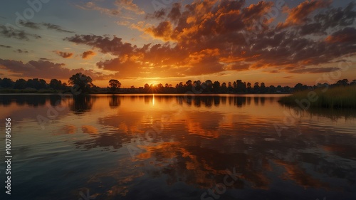 Landscape. Warm colors of the setting sun lighting up the autumn horizon, creating a serene and peaceful atmosphere. Realistic style.