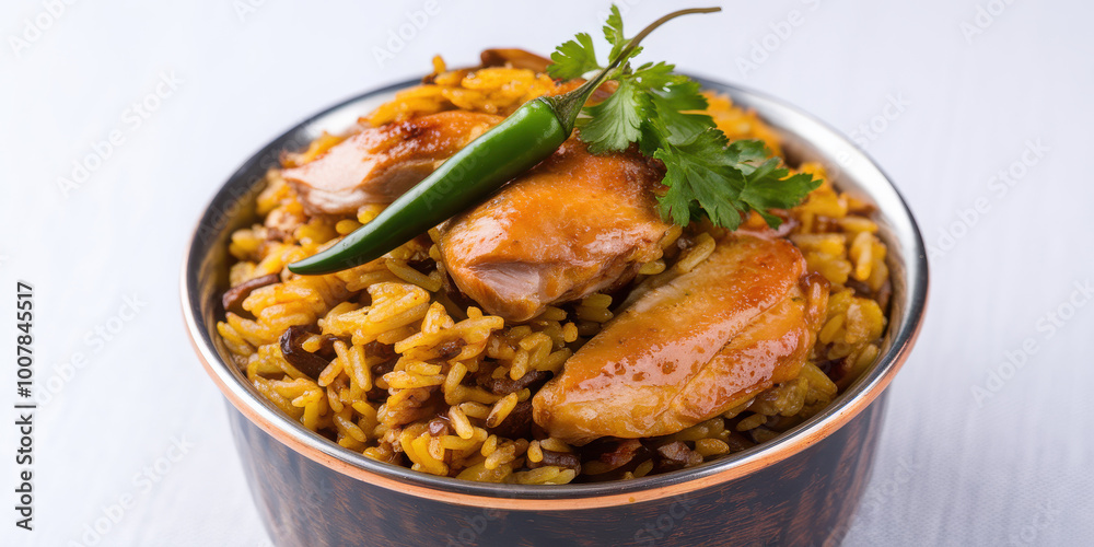 A bowl of savory rice topped with succulent chicken slices and a fresh chili pepper.