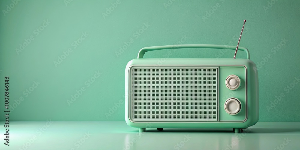 Obraz premium Vintage mint green radio on monochrome background, retro, technology, nostalgia, music, vintage, broadcast, communication
