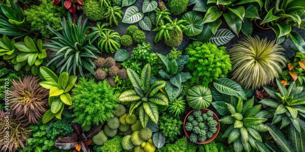 Fototapeta premium A collection of lush plants seen from above on a background, trees, plants, greenery, aerial view, isolated, foliage