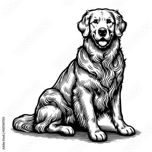Detailed black and white illustration of a Golden Retriever dog. Vector, generative ai.