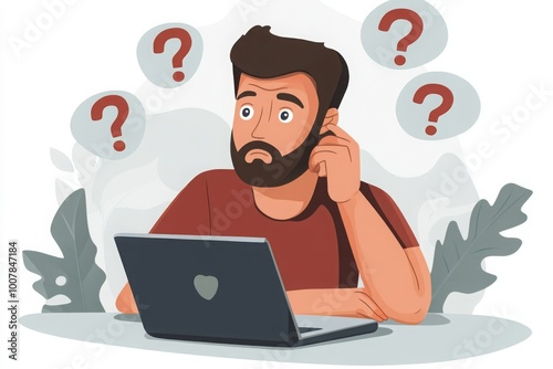 Confused Man with Laptop and Question Marks