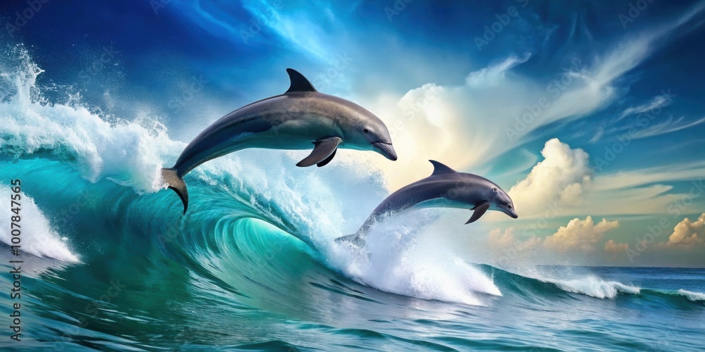 Obraz premium Two dolphins leaping out of the sea water with a large ocean wave in the background, dolphins, sea, water, ocean, wave
