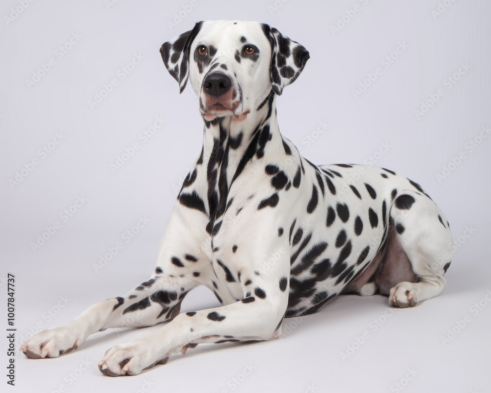 A striking Dalmatian dog lying down against a plain white background. A striking Dalmatian dog lying down against a plain white background.