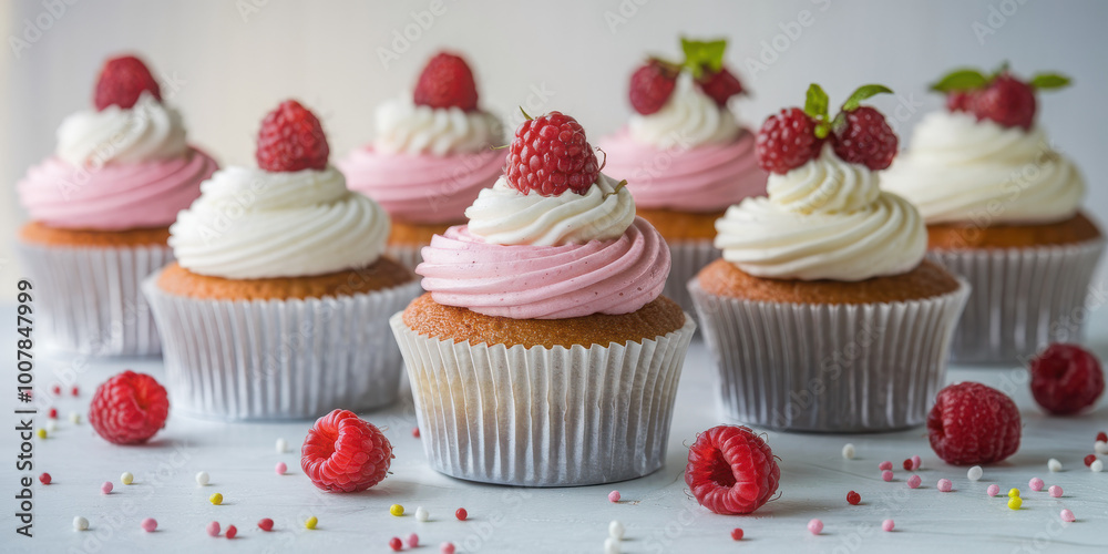 Delicious raspberry-topped cupcakes with pink and white swirled frosting on a light background. Delicious raspberry-topped cupcakes with pink and white swirled frosting on a light background.