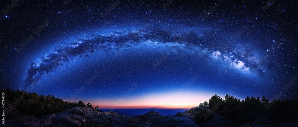 Fototapeta premium A stunning panoramic view of the Milky Way galaxy over a serene landscape at twilight.