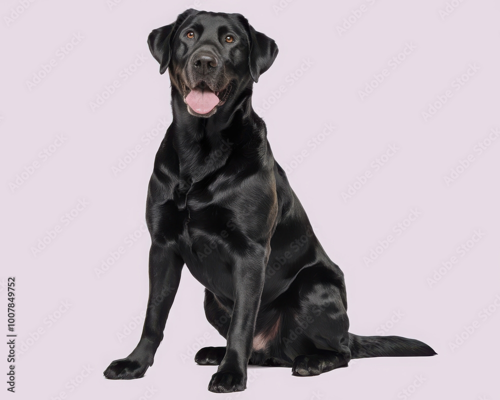 Black Labrador Retriever sitting against a plain background with a happy expression. Black Labrador Retriever sitting against a plain background with a happy expression.
