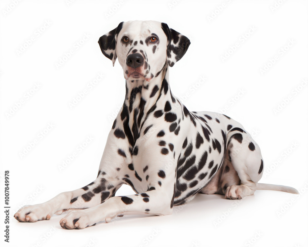 A Dalmatian dog lying down against a white background, displaying its distinctive black spots. A Dalmatian dog lying down against a white background, displaying its distinctive black spots.