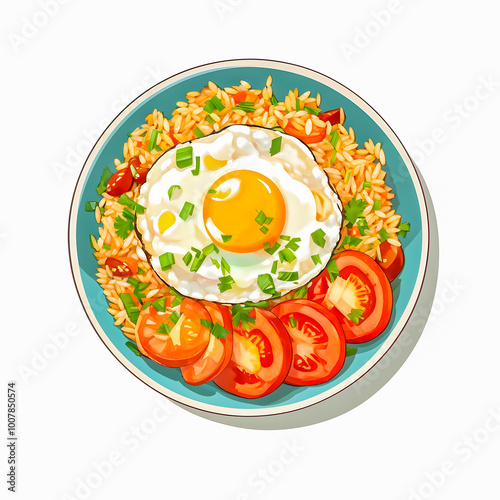 illustration of fried rice with vegetables and fried Egg on white background. 