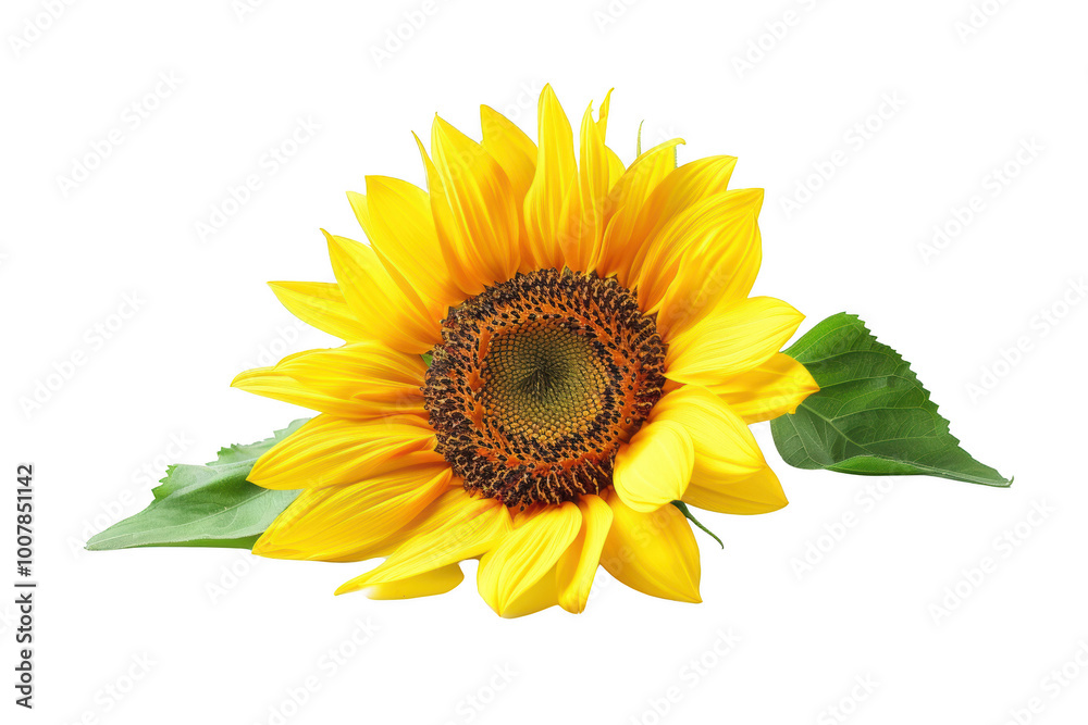 Fototapeta premium Transparent Sunflower with Vibrant Yellow Petals and Green Leaves