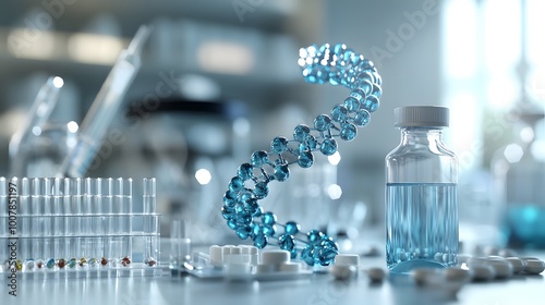 A Blue DNA Helix Above a Bottle of Liquid, Test Tubes, and Pills in a Lab Setting
