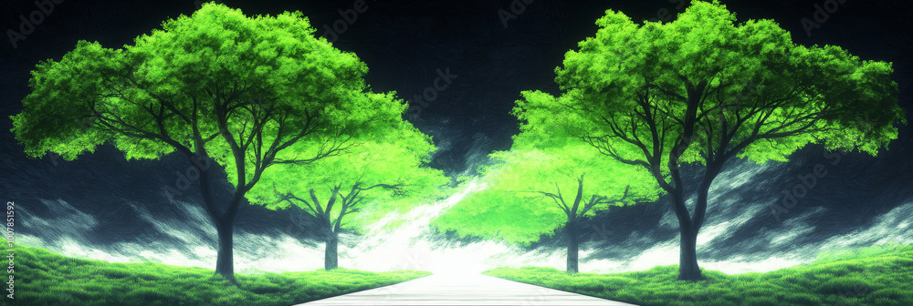 Fototapeta premium A picturesque path leads through a vibrant green forest, bathed in a mystical light.