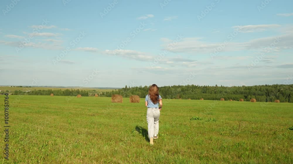 Carefree teenage girl sprinting joyfully through a lush, green meadow, with picturesque hay bales dotting the countryside backdrop. Carefree teenage girl sprinting joyfully through a lush, green meadow, with picturesque hay bales dotting the countryside backdrop.