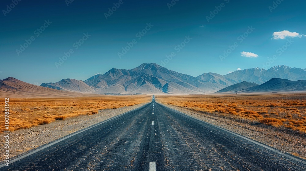 Fototapeta premium A lonely road stretches towards snow-capped mountains under a blue sky. AI generative. .