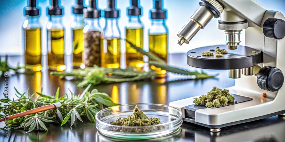 Cannabis buds and hemp oil being analyzed under a microscope in a laboratory setting, cannabis, buds, hemp oil Cannabis buds and hemp oil being analyzed under a microscope in a laboratory setting, cannabis, buds, hemp oil