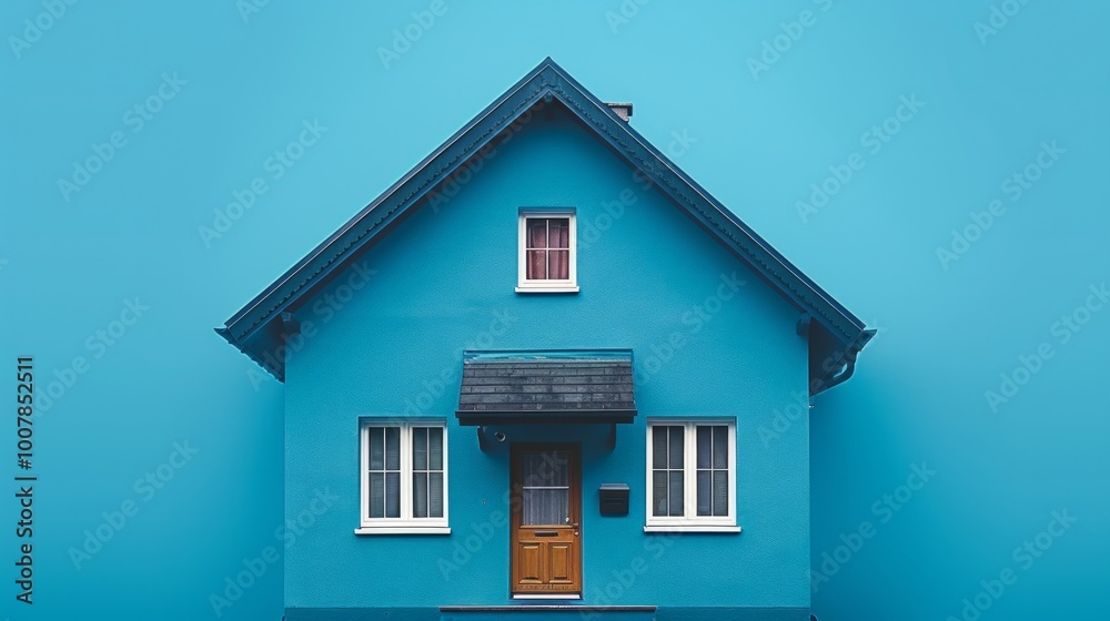Blue house with white windows and a wooden door against a blue sky. AI generative. . Blue house with white windows and a wooden door against a blue sky. AI generative. .