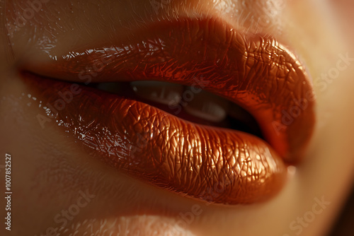 Close-up of glossy, bronze lips showcasing a rich texture and shine, evoking a bold and luxurious beauty look.