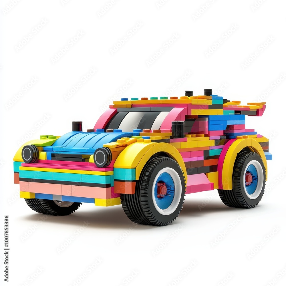 A colorful toy car made of building blocks, showcasing creativity and playfulness. A colorful toy car made of building blocks, showcasing creativity and playfulness.