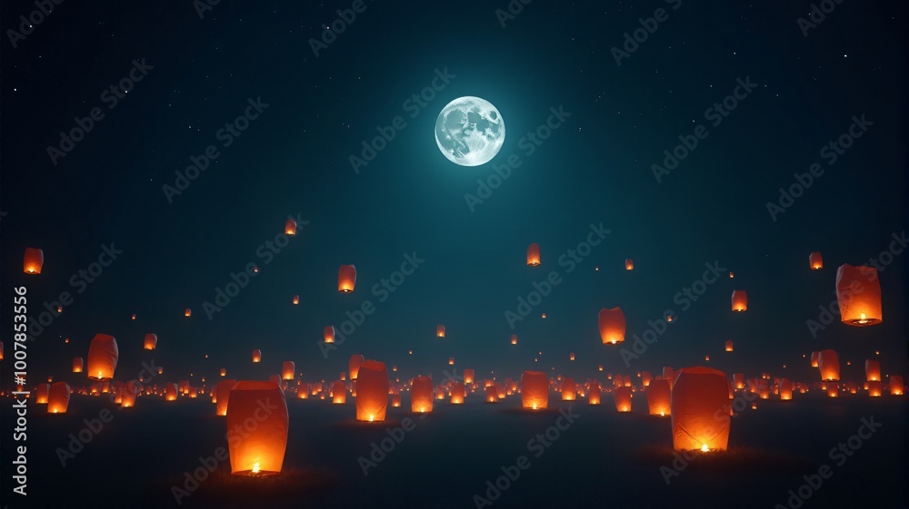 A serene night sky background filled with glowing Chinese lanterns floating upwards, accompanied by a large full moon and stars. A serene night sky background filled with glowing Chinese lanterns floating upwards, accompanied by a large full moon and stars.