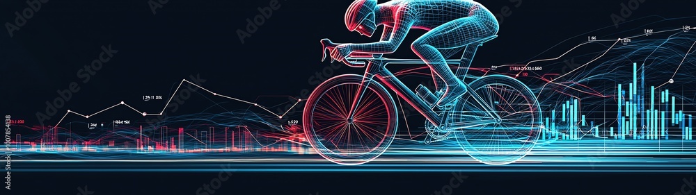 Fototapeta premium Flowing lines of a cyclist in motion, merging with graphs and statistics, representing sports performance metrics and business value