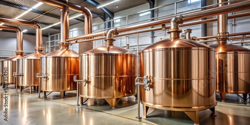 Round cooper storage tanks for beer fermentation and maturation, brewery, equipment, manufacturing photo