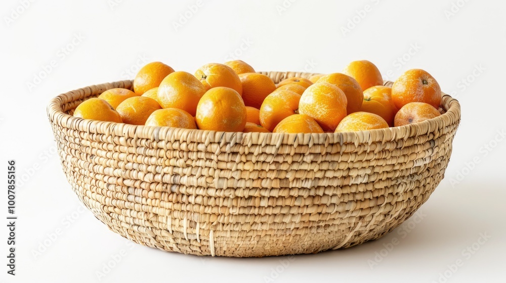 A basket full of oranges is sitting on a white background A basket full of oranges is sitting on a white background