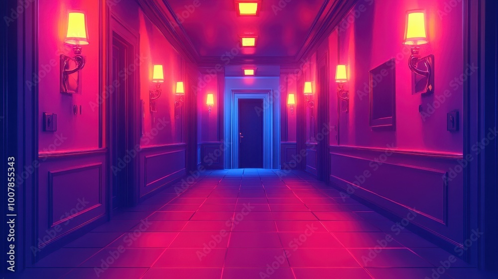 Neon-Lit Corridor with Vibrant Pink and Blue Lighting Creating a Futuristic and Mysterious Ambiance in a Modern Interior Setting Neon-Lit Corridor with Vibrant Pink and Blue Lighting Creating a Futuristic and Mysterious Ambiance in a Modern Interior Setting