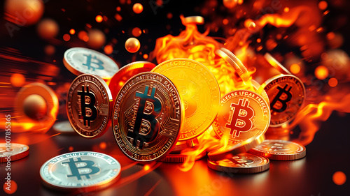 Coins of major cryptocurrencies in a swirling, fiery motion, showing the speed and excitement of active trading