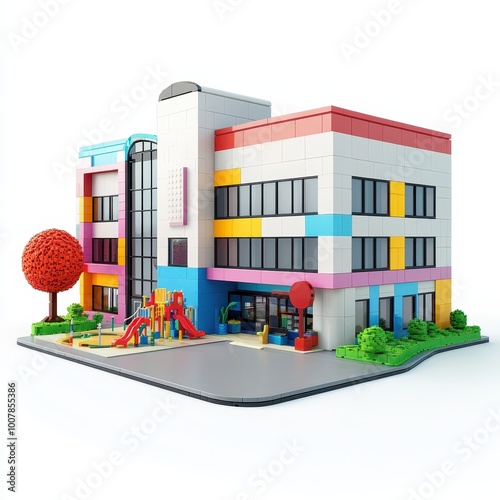 A colorful, modern building with a playground, designed for children's activities and learning.