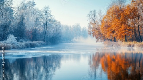 A serene winter landscape with frosty trees and autumn colors reflecting in calm water.